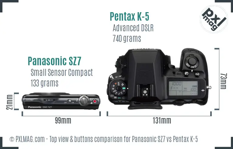 Panasonic SZ7 vs Pentax K-5 top view buttons comparison