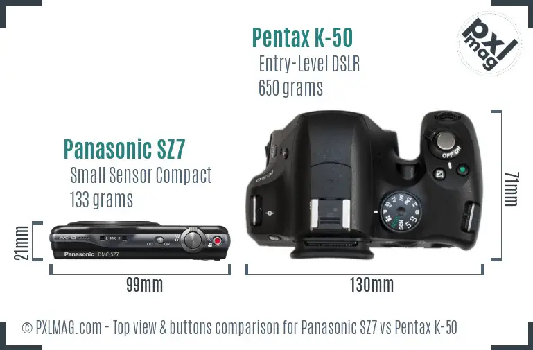 Panasonic SZ7 vs Pentax K-50 top view buttons comparison