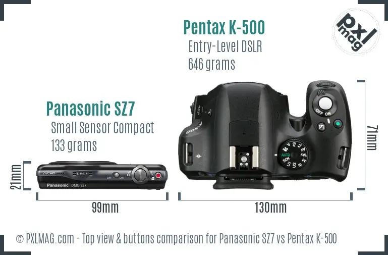 Panasonic SZ7 vs Pentax K-500 top view buttons comparison
