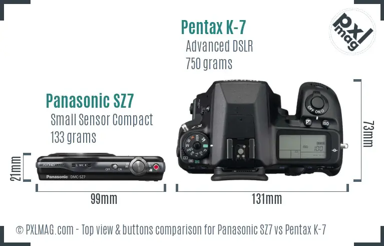 Panasonic SZ7 vs Pentax K-7 top view buttons comparison