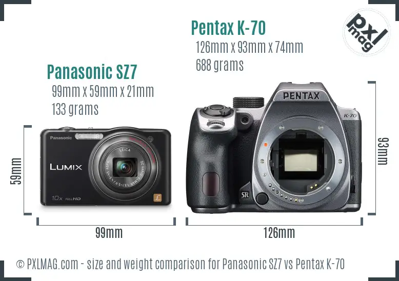 Panasonic SZ7 vs Pentax K-70 size comparison