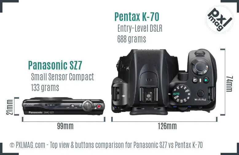 Panasonic SZ7 vs Pentax K-70 top view buttons comparison