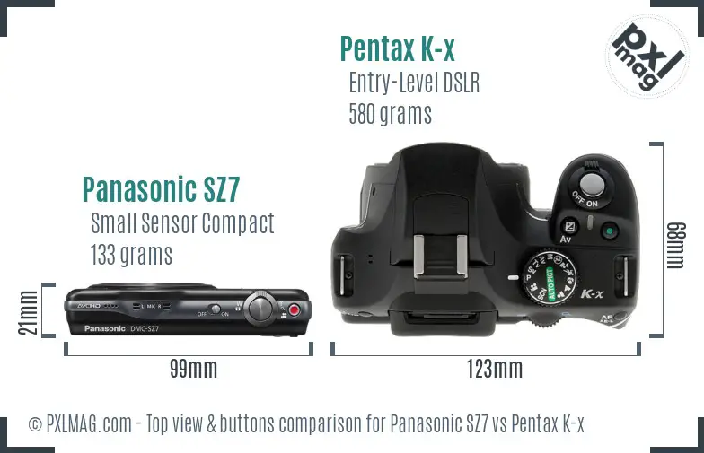 Panasonic SZ7 vs Pentax K-x top view buttons comparison