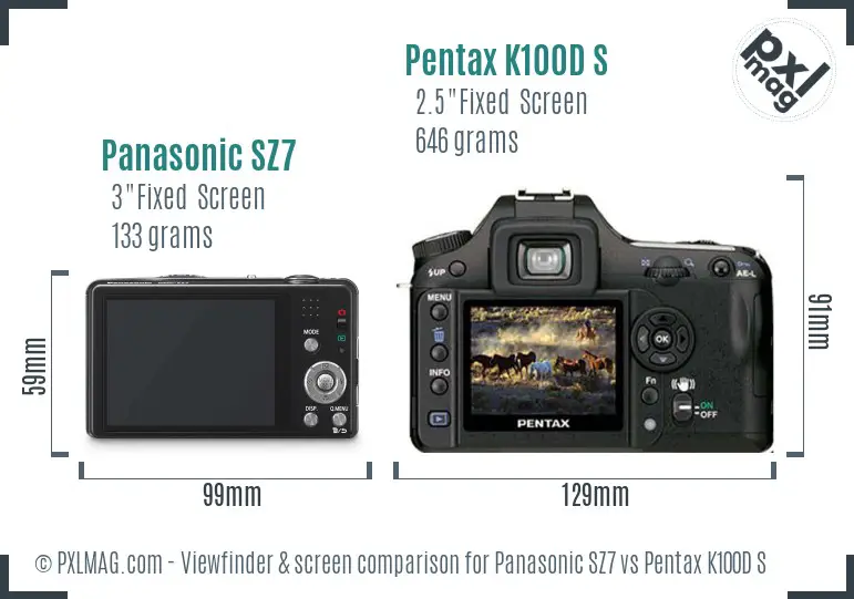 Panasonic SZ7 vs Pentax K100D S Screen and Viewfinder comparison