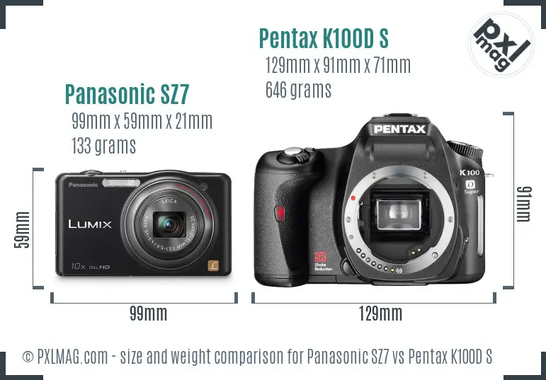 Panasonic SZ7 vs Pentax K100D S size comparison