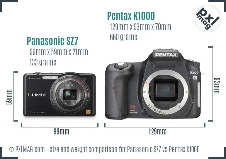 Panasonic SZ7 vs Pentax K100D size comparison