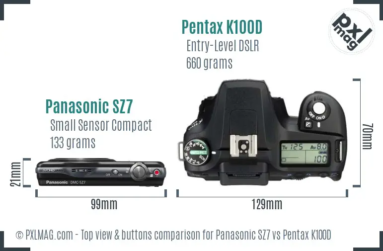 Panasonic SZ7 vs Pentax K100D top view buttons comparison