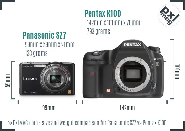 Panasonic SZ7 vs Pentax K10D size comparison