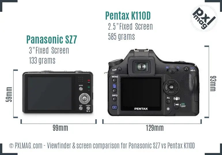 Panasonic SZ7 vs Pentax K110D Screen and Viewfinder comparison