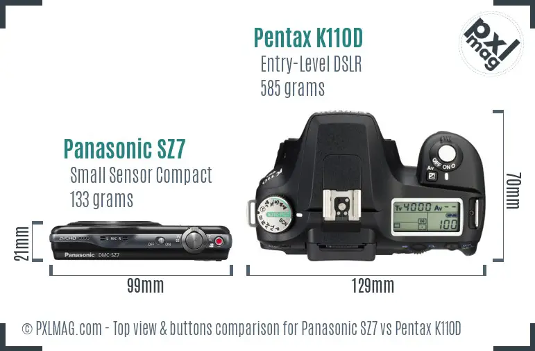Panasonic SZ7 vs Pentax K110D top view buttons comparison