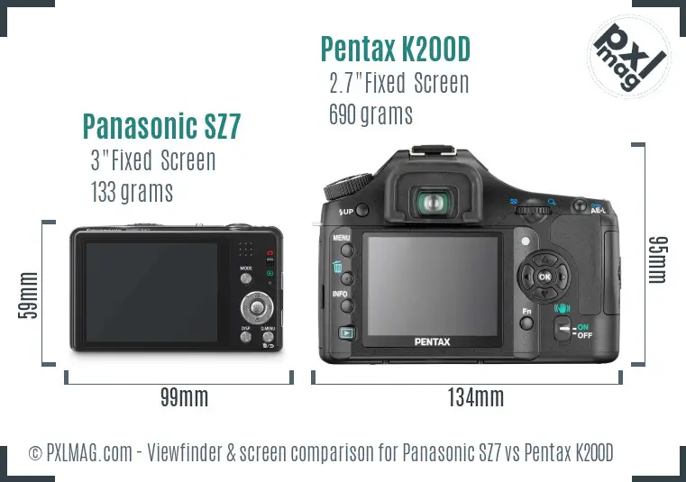 Panasonic SZ7 vs Pentax K200D Screen and Viewfinder comparison