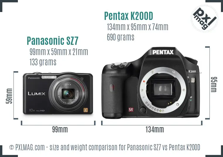 Panasonic SZ7 vs Pentax K200D size comparison