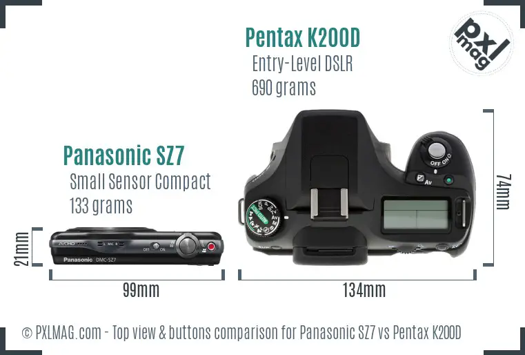 Panasonic SZ7 vs Pentax K200D top view buttons comparison