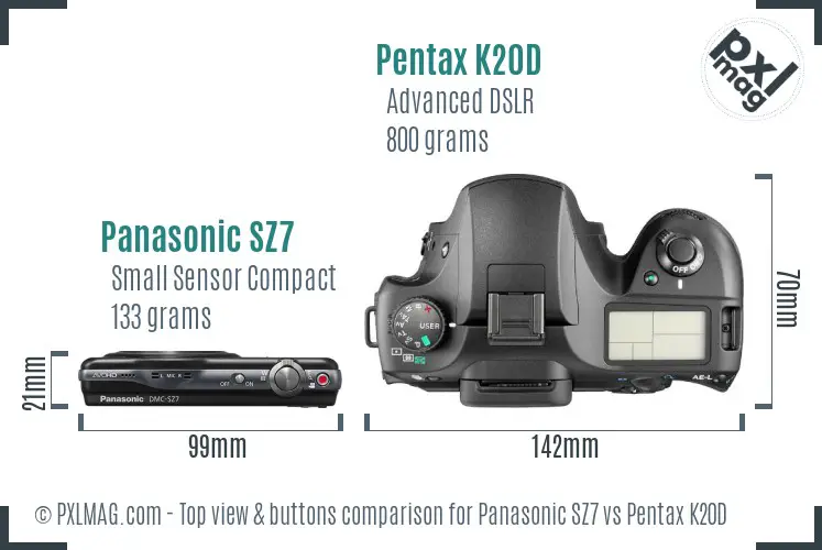 Panasonic SZ7 vs Pentax K20D top view buttons comparison