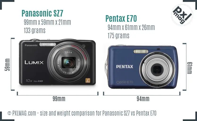 Panasonic SZ7 vs Pentax E70 size comparison