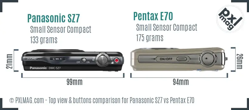 Panasonic SZ7 vs Pentax E70 top view buttons comparison
