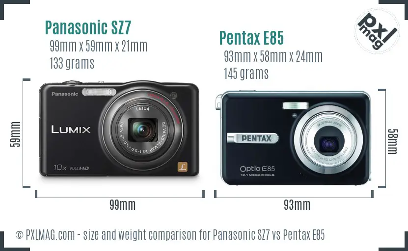Panasonic SZ7 vs Pentax E85 size comparison