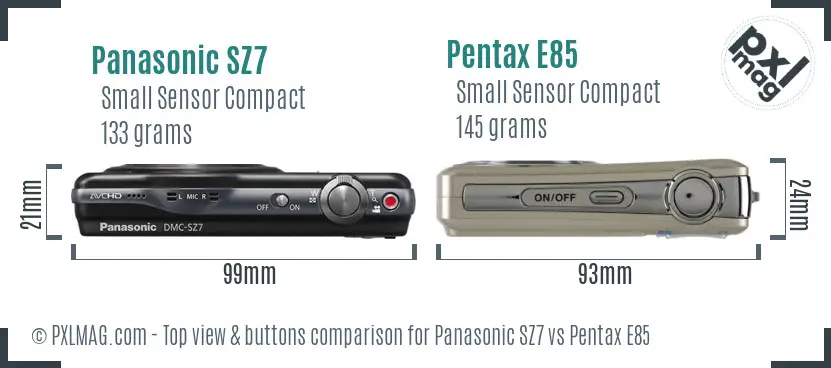 Panasonic SZ7 vs Pentax E85 top view buttons comparison
