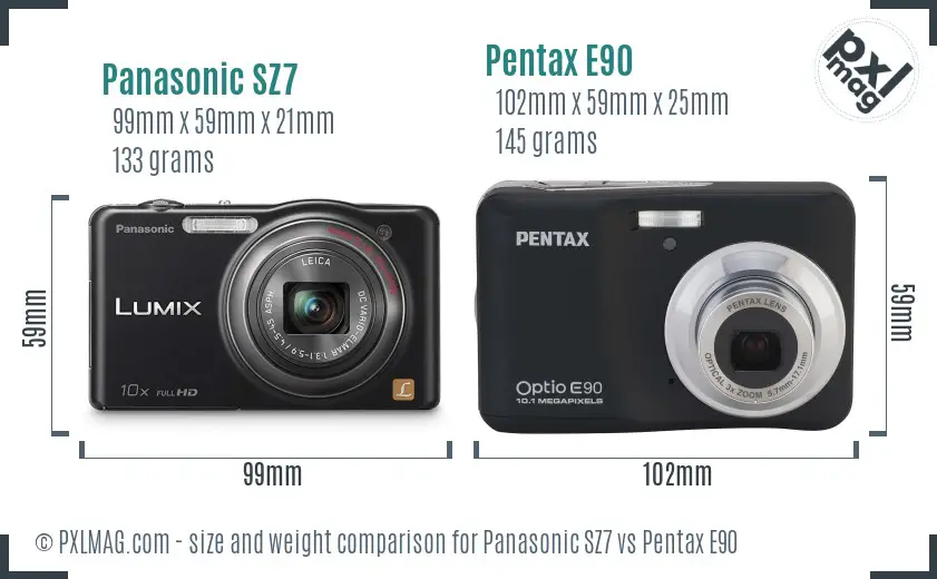 Panasonic SZ7 vs Pentax E90 size comparison