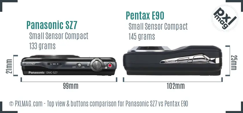 Panasonic SZ7 vs Pentax E90 top view buttons comparison