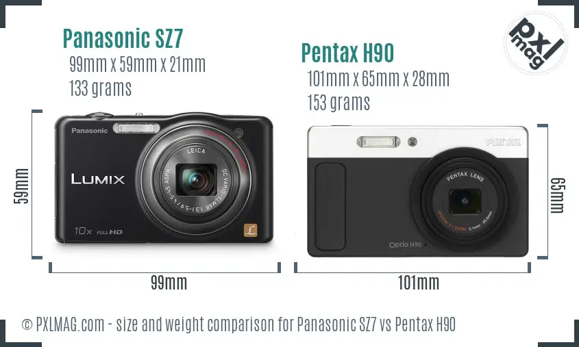 Panasonic SZ7 vs Pentax H90 size comparison