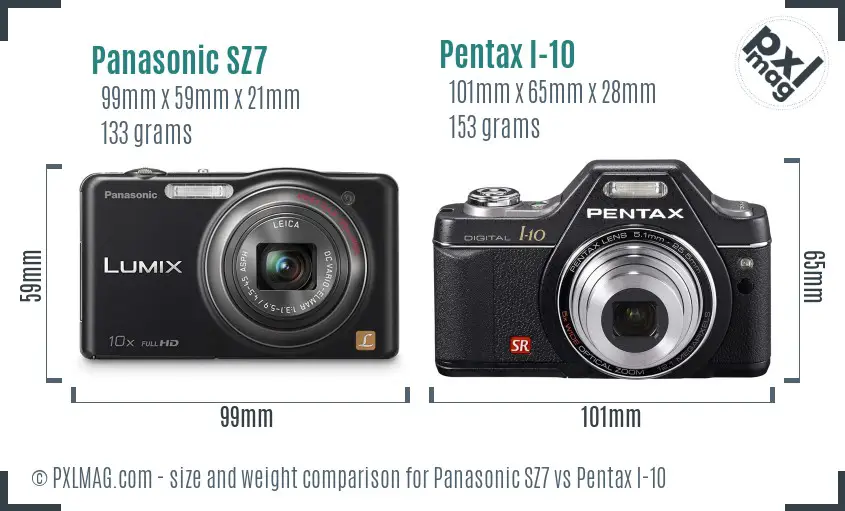 Panasonic SZ7 vs Pentax I-10 size comparison