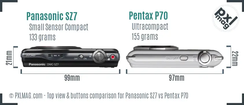 Panasonic SZ7 vs Pentax P70 top view buttons comparison