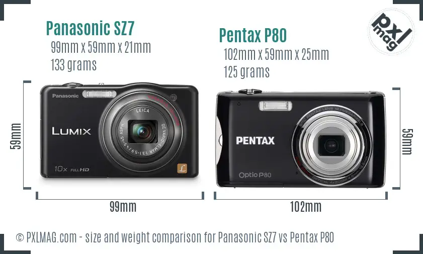 Panasonic SZ7 vs Pentax P80 size comparison