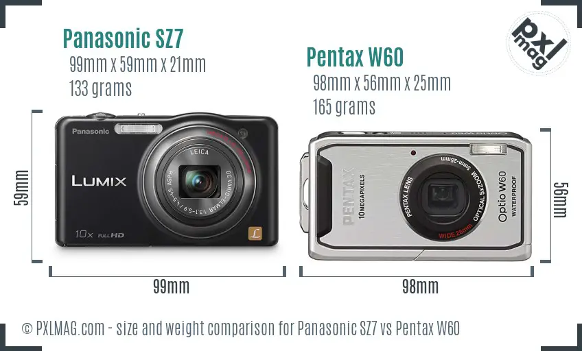 Panasonic SZ7 vs Pentax W60 size comparison
