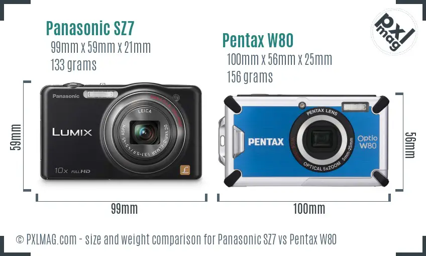 Panasonic SZ7 vs Pentax W80 size comparison