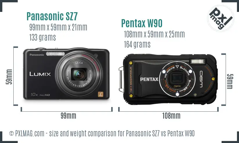 Panasonic SZ7 vs Pentax W90 size comparison