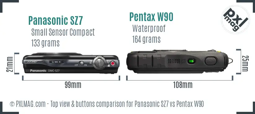 Panasonic SZ7 vs Pentax W90 top view buttons comparison