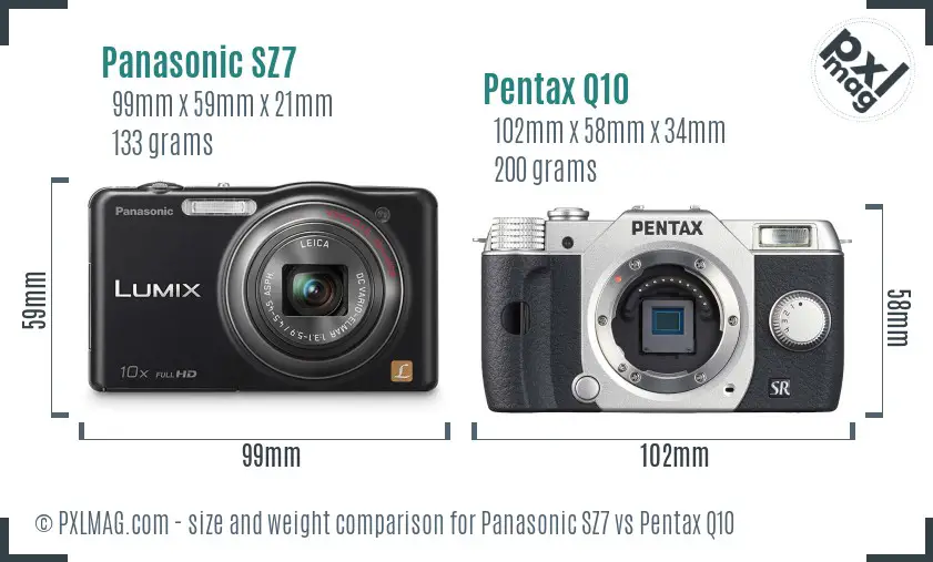 Panasonic SZ7 vs Pentax Q10 size comparison