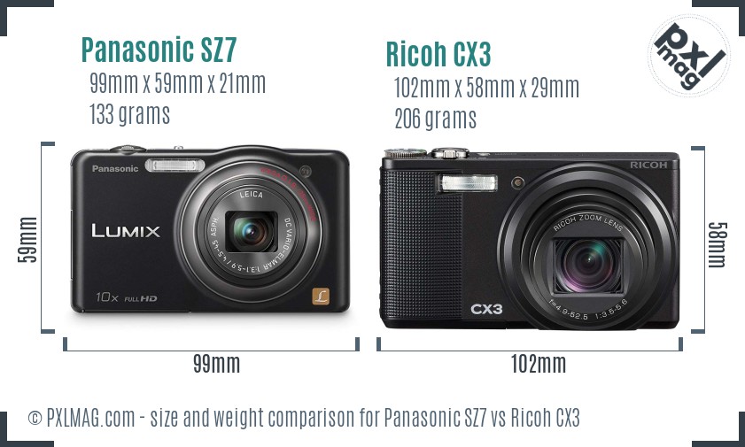 Panasonic SZ7 vs Ricoh CX3 size comparison