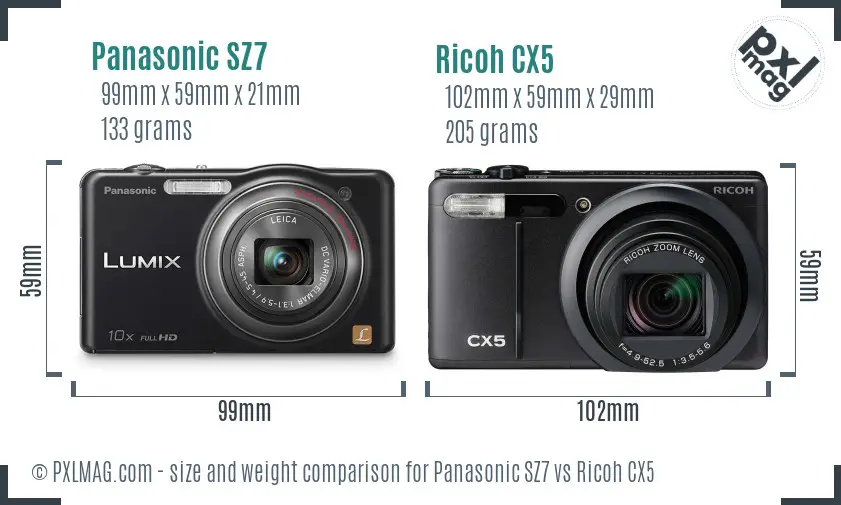 Panasonic SZ7 vs Ricoh CX5 size comparison