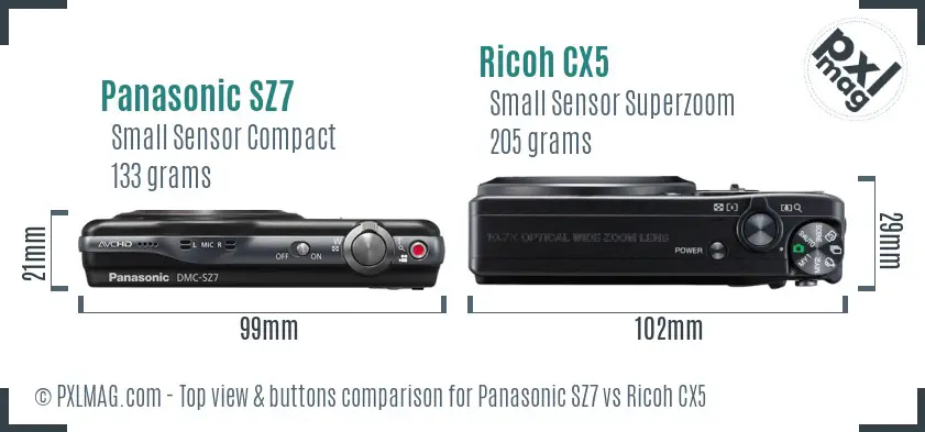 Panasonic SZ7 vs Ricoh CX5 top view buttons comparison