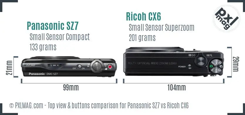 Panasonic SZ7 vs Ricoh CX6 top view buttons comparison Panasonic SZ7 vs Ricoh CX6 top view buttons comparison