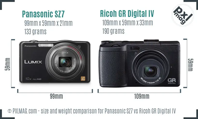 Panasonic SZ7 vs Ricoh GR Digital IV size comparison