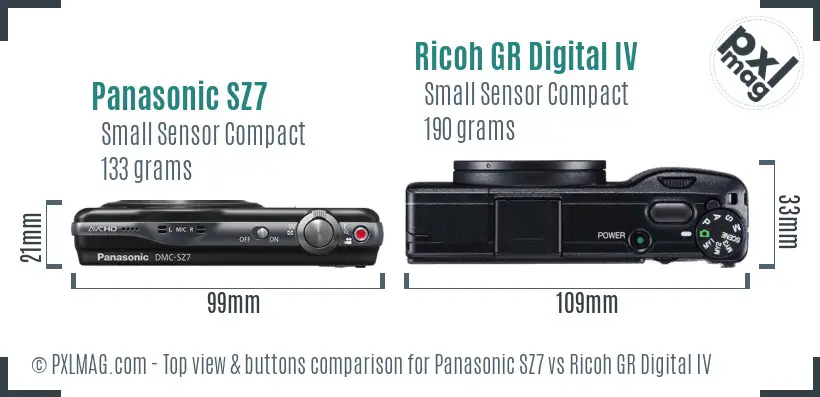 Panasonic SZ7 vs Ricoh GR Digital IV top view buttons comparison