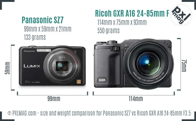 Panasonic SZ7 vs Ricoh GXR A16 24-85mm F3.5-5.5 size comparison