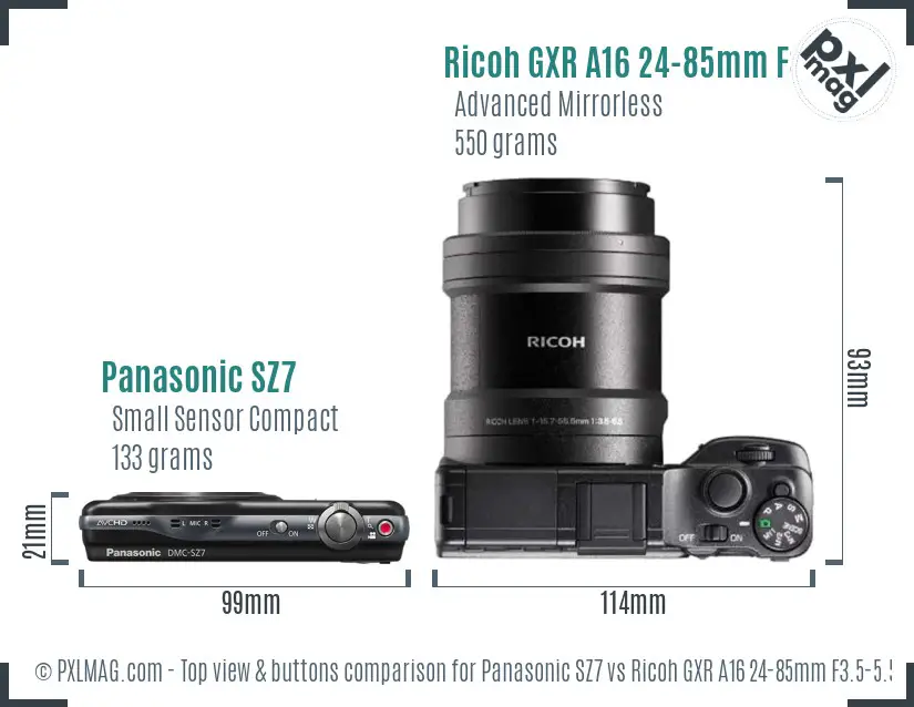 Panasonic SZ7 vs Ricoh GXR A16 24-85mm F3.5-5.5 top view buttons comparison