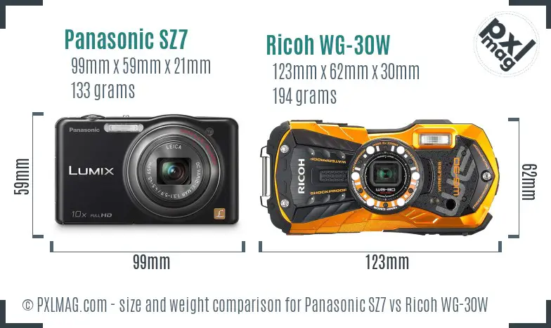Panasonic SZ7 vs Ricoh WG-30W size comparison