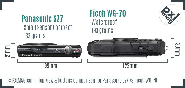 Panasonic SZ7 vs Ricoh WG-70 top view buttons comparison Panasonic SZ7 vs Ricoh WG-70 top view buttons comparison