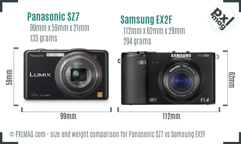 Panasonic SZ7 vs Samsung EX2F size comparison