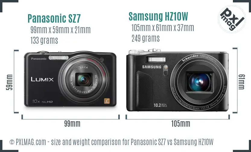Panasonic SZ7 vs Samsung HZ10W size comparison