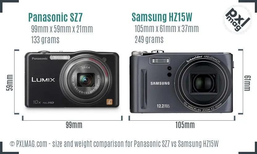 Panasonic SZ7 vs Samsung HZ15W size comparison