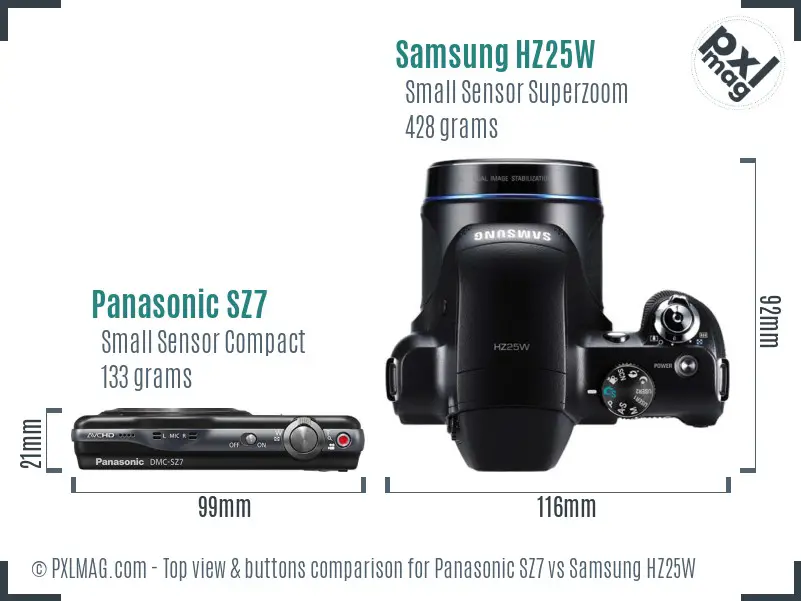 Panasonic SZ7 vs Samsung HZ25W top view buttons comparison Panasonic SZ7 vs Samsung HZ25W top view buttons comparison