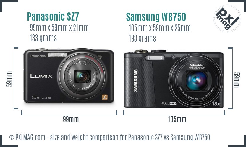 Panasonic SZ7 vs Samsung WB750 size comparison