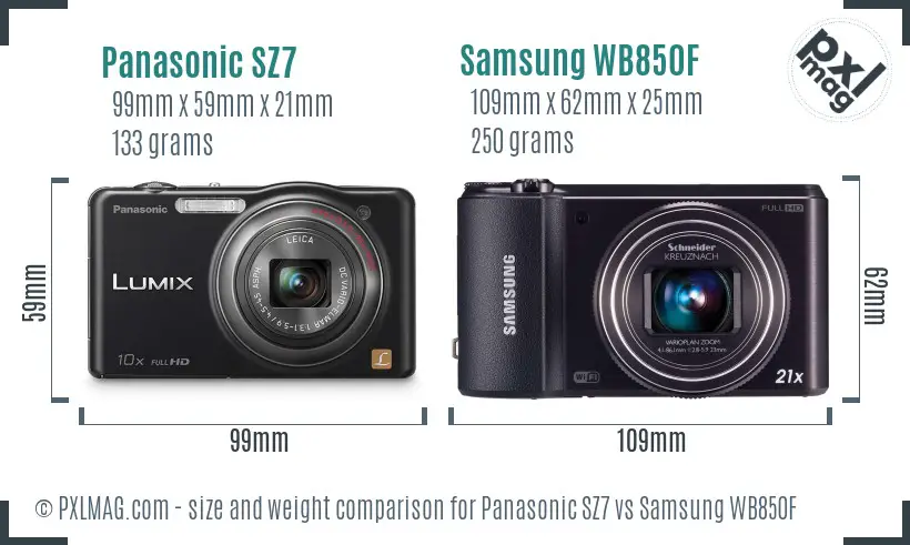 Panasonic SZ7 vs Samsung WB850F size comparison