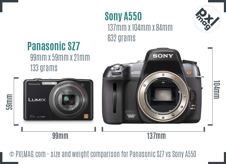 Panasonic SZ7 vs Sony A550 size comparison